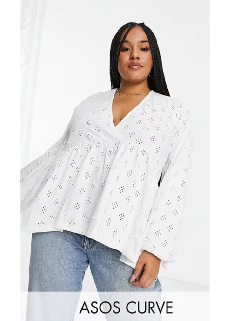 ASOS Curve Broderie Eyelet Smock with Blouson Long Sleeve and Tie Back - Size 18
